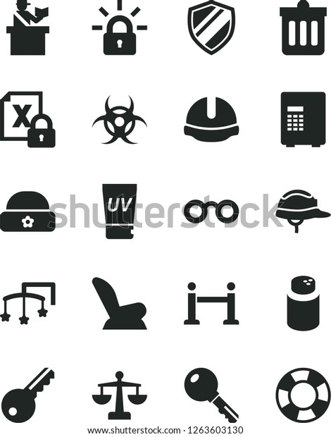 Solid Black Vector Icon Set - scales vector, toys\
over the cot, powder, car child seat, warm hat, construction\
helmet, dust bin, key, encrypting, glasses, biohazard, rope\
barrier, passort control