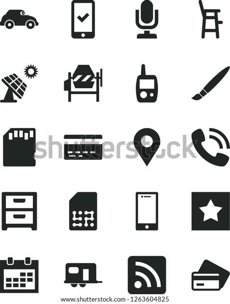 Solid Black Vector Icon Set - tassel vector,\
desktop microphone, calendar, bank card, rss feed, toy mobile\
phone, a chair for feeding child, concrete mixer, smartphone,\
nightstand, big solar\
panel