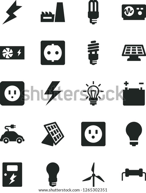 Solid Black Vector Icon Set - lightning\
vector, matte light bulb, power socket type b, dangers, windmill,\
accumulator, thermal plant, energy saving, mercury, electric car,\
pc supply, oscilloscope