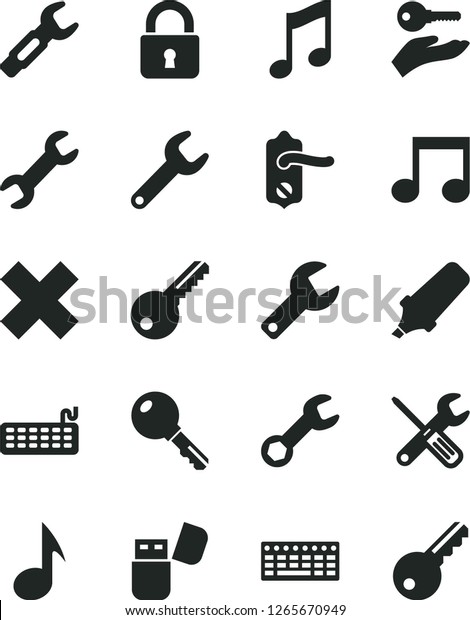 Solid Black Vector Icon Set - repair key\
vector, cross, small tools, door knob, lock, music, steel, text\
highlighter, keyboard, usb flash, note, arm\
with