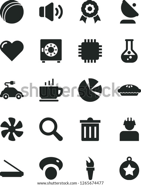 Solid Black Vector Icon Set - bin vector,\
magnifier, bath ball, heart, volume, strongbox, coffee, pie,\
mashroom, marine propeller, flask, builder, electric car, satellite\
antenna, charts, cpu,\
medal