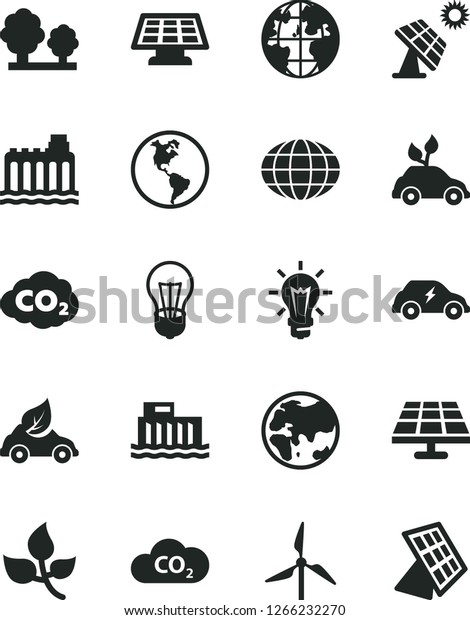 Solid Black Vector Icon Set - solar panel\
vector, big, leaves, windmill, planet, Earth, bulb, hydroelectric\
station, hydroelectricity, trees, eco car, environmentally friendly\
transport, electric