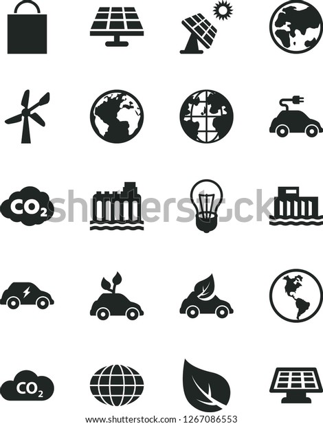 Solid Black Vector Icon Set - sign of the planet\
vector, paper bag, solar panel, big, leaf, wind energy, Earth,\
bulb, hydroelectric station, hydroelectricity, eco car, electric,\
CO2, carbon dyoxide