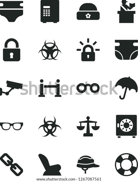 Solid Black Vector Icon Set - spectacles vector,\
scales, diaper, nappy, car child seat, warm hat, helmet, lock,\
umbrella, strongbox, encrypting, glasses, biohazard, rope barrier,\
passort control