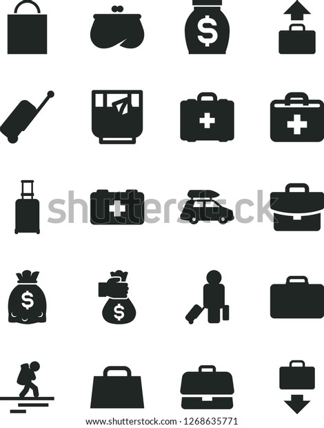 Solid Black Vector Icon Set - paper bag vector,\
first aid kit, of a paramedic, medical, suitcase, glass tea,\
briefcase, purse, money, dollars, hand, car baggage, backpacker,\
passenger, rolling, case
