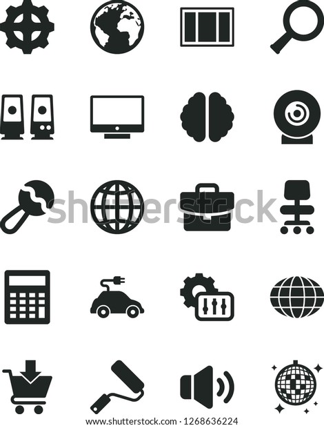 Solid Black Vector Icon Set - sign of the planet\
vector, calculator, beanbag, window frame, new roller, earth,\
screen, volume, suitcase, put in cart, lens, gear, electric car,\
globe, pc speaker