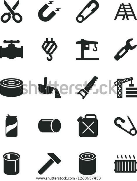 Solid Black Vector Icon Set - scissors vector, safety\
pin, open, crane, tower, hook, hand saw, ladder, hammer, canned\
goods, tin, soda can, valve, canister, magnet, pipe, pipes, steel\
repair key