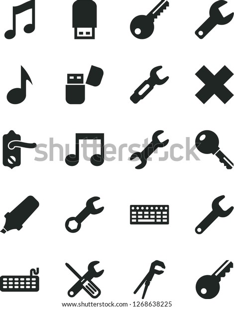 Solid Black Vector Icon Set -\
repair key vector, cross, small tools, adjustable wrench, door\
knob, music, steel, text highlighter, keyboard, usb flash,\
note