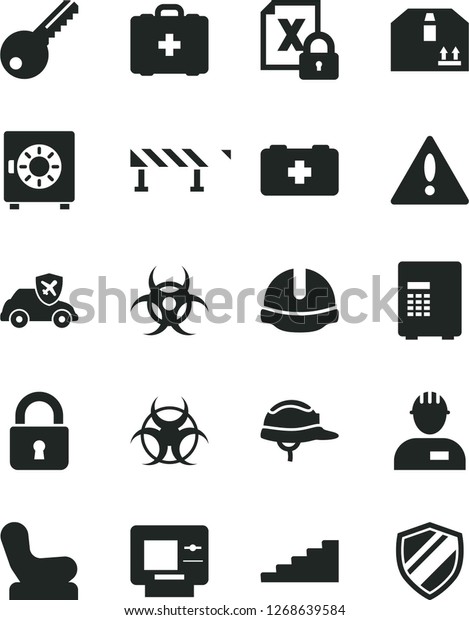Solid Black Vector Icon Set - warning vector,\
Baby chair, bag of a paramedic, medical, workman, key, construction\
helmet, road fence, lock, strongbox, cardboard box, autopilot,\
encrypting, biohazard