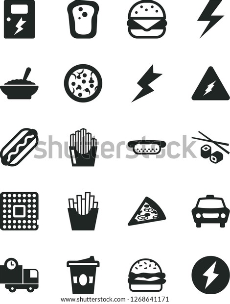 Solid Black Vector Icon Set - lightning\
vector, dangers, car, delivery, pizza, piece of, Hot Dog, mini, big\
burger, a bowl buckwheat porridge, French fries, fried potato\
slices, Chinese\
chopsticks