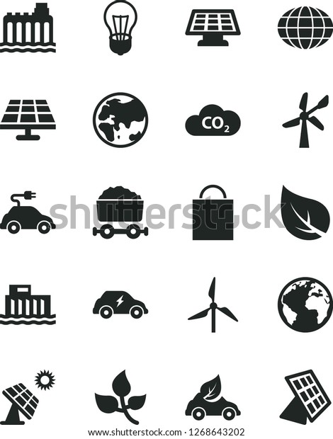 Solid Black Vector Icon Set - sign of the\
planet vector, paper bag, solar panel, big, leaves, leaf, windmill,\
wind energy, bulb, hydroelectric station, hydroelectricity, eco\
car, electric, transport