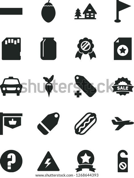 Solid Black Vector Icon Set - danger of\
electricity vector, minus, add label, pennant, question, car, Hot\
Dog, tamarillo, radish, jar, vintage sign, sale, sd card, medal,\
star ribbon, certificate