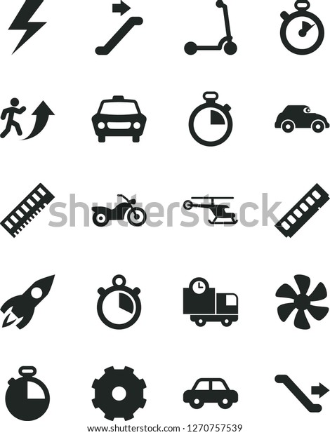 Solid Black Vector Icon Set - truck lorry\
vector, lightning, stopwatch, motor vehicle, child Kick scooter,\
timer, car, delivery, marine propeller, retro, rocket, memory, man\
arrow up, helicopter