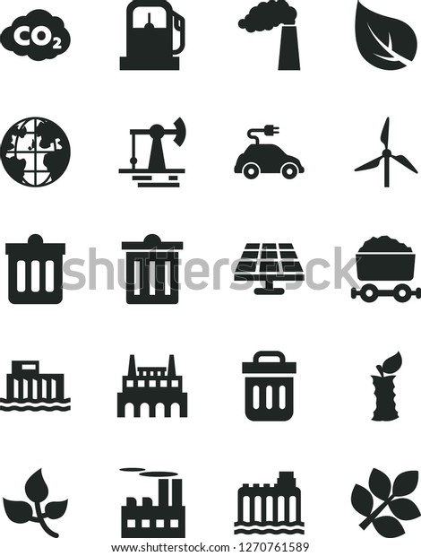 Solid Black Vector Icon Set - bin vector, dust,\
apple stub, solar panel, working oil derrick, leaves, leaf, gas\
station, windmill, manufacture, hydroelectric, hydroelectricity,\
industrial building