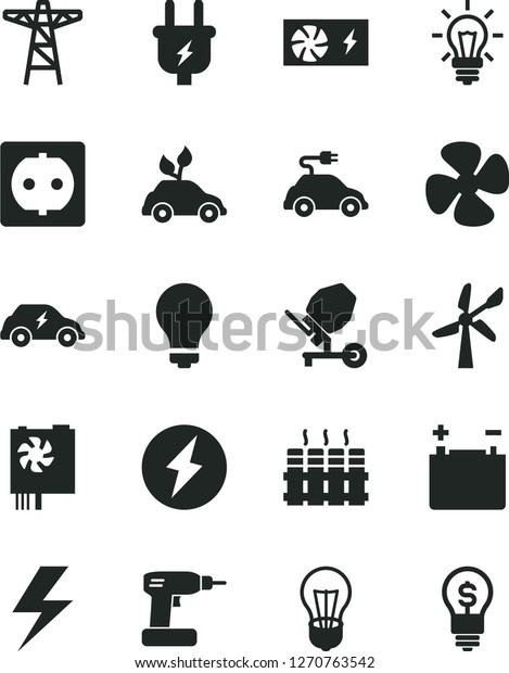 Solid Black Vector Icon Set - lightning vector,\
matte light bulb, concrete mixer, cordless drill, radiator, fan\
screw, wind energy, accumulator, power pole, plug, socket, electric\
car, pc supply