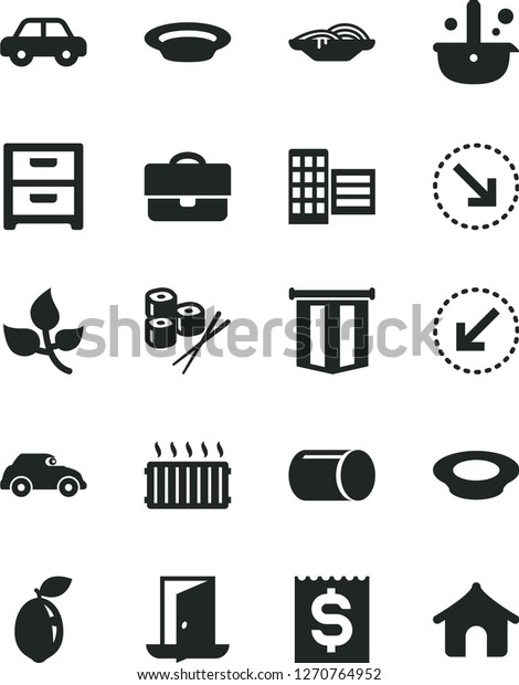 Solid Black Vector Icon Set - motor vehicle\
vector, city block, left bottom arrow, nightstand, right, slices of\
onion, a plate milk, sushi set, sour lime, leaves, retro car, pipe,\
metallurgy