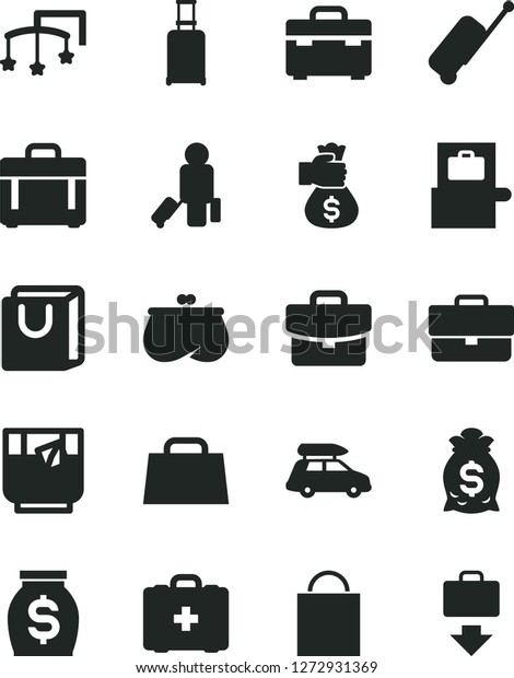 Solid Black Vector Icon Set - briefcase vector,\
paper bag, toys over the cot, medical, suitcase, case, with\
handles, a glass of tea, purse, money, hand, car baggage,\
passenger, rolling,\
scanner