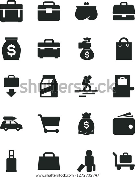 Solid Black Vector Icon Set - portfolio vector,\
suitcase, case, package, cart, briefcase, wallet, purse, money,\
dollars, bag, hand, car baggage, backpacker, passenger, rolling,\
scanner, getting
