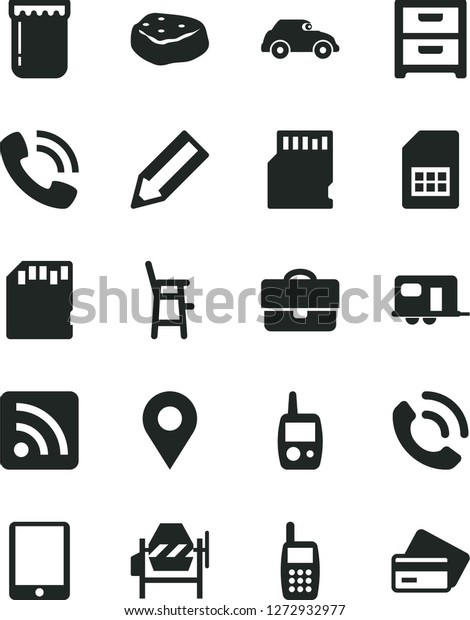 Solid Black Vector Icon Set - rss feed vector, toy\
mobile phone, a chair for feeding child, concrete mixer,\
nightstand, call, piece of meat, jam, retro car, SIM card,\
location, portfolio, pencil,\
sd