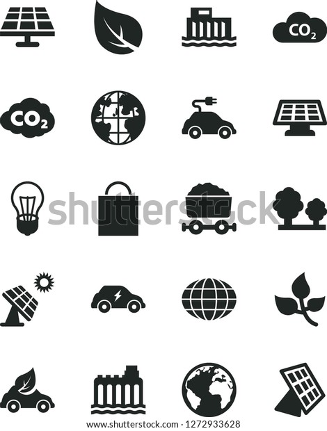 Solid Black Vector Icon Set - sign of the planet\
vector, paper bag, solar panel, big, leaves, leaf, bulb,\
hydroelectric station, hydroelectricity, trees, eco car, electric,\
transport, CO2, globe