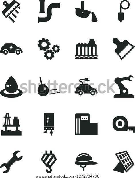 Solid Black Vector Icon Set - hook vector, measuring\
tape, helmet, plummet, putty knife, spatula, electronic boiler,\
core, sea port, modern gas station, water pipes, hydroelectricity,\
drop of oil