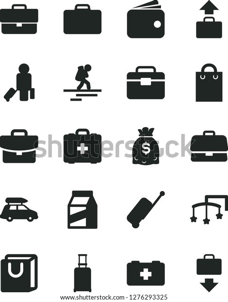 Solid Black Vector Icon Set - briefcase vector, toys\
over the cot, bag of a paramedic, medical, portfolio, suitcase,\
with handles, package, wallet, dollars, car baggage, backpacker,\
passenger, case