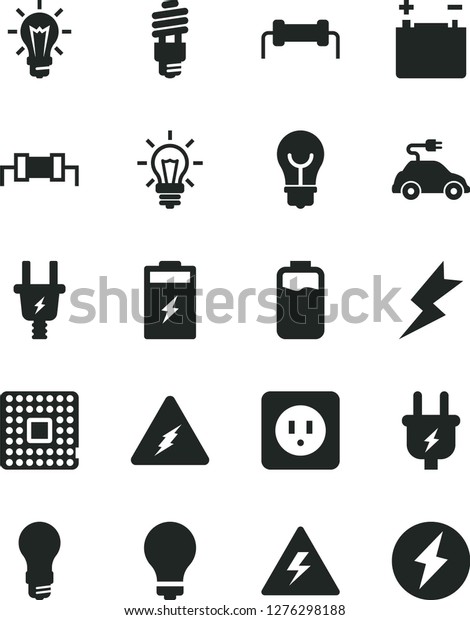 Solid Black Vector Icon Set - danger of electricity\
vector, matte light bulb, power socket type b, lightning, charge\
level, charging battery, accumulator, plug, electric, energy\
saving, car