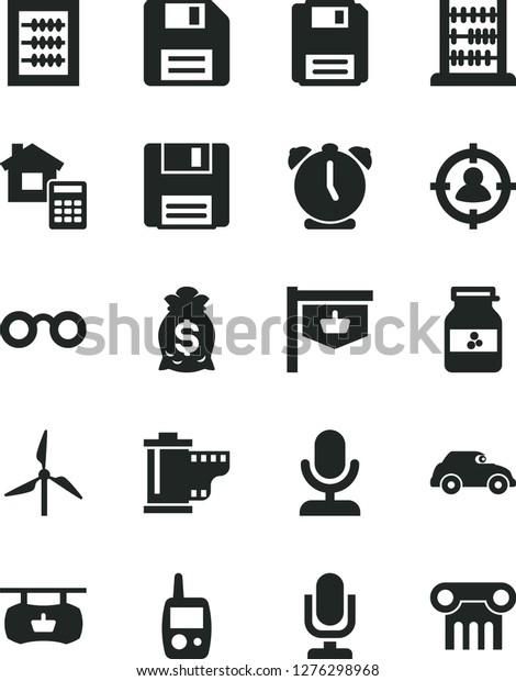 Solid Black Vector Icon Set - desktop microphone\
vector, floppy disk, camera roll, new abacus, toy mobile phone,\
estimate, alarm clock, jar of jam, windmill, retro car, vintage\
sign, man in sight