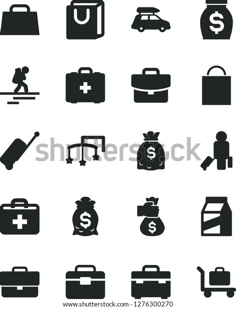 Solid Black Vector Icon Set - briefcase\
vector, paper bag, first aid kit, toys over the cot, medical,\
portfolio, suitcase, with handles, package, money, dollars, hand,\
car baggage, backpacker