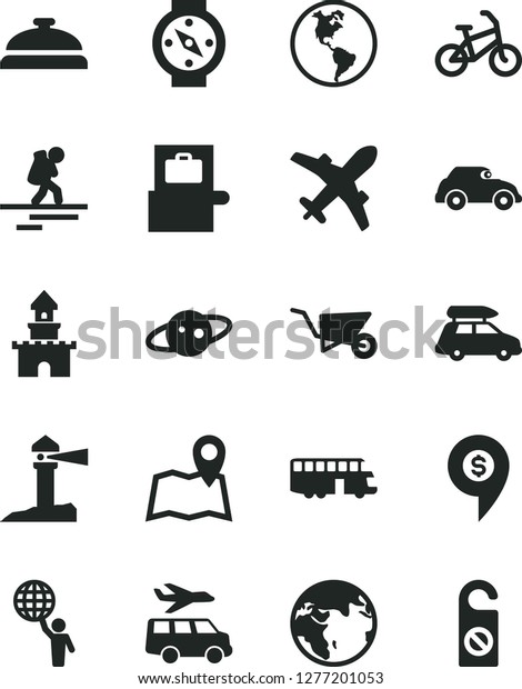 Solid Black Vector Icon Set - building trolley\
vector, planet Earth, retro car, coastal lighthouse, saturn, man\
hold world, sand castle, dollar pin, baggage, bus, bike,\
backpacker, scanner,\
plane
