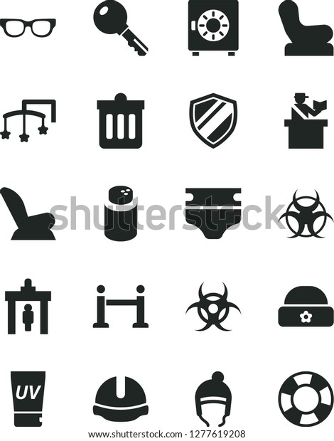 Solid Black Vector Icon Set - toys over the cot\
vector, diaper, powder, Baby chair, car child seat, winter hat,\
warm, construction helmet, dust bin, key, strongbox, glasses,\
biohazard, rope barrier