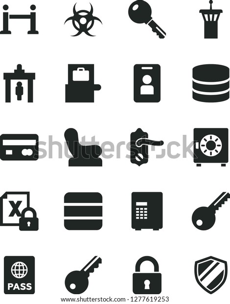 Solid Black Vector Icon Set - Baby chair vector,\
key, door knob, lock, passport, strongbox, reverse side of a bank\
card, encrypting, big data, biohazard, airport tower, rope barrier,\
security gate
