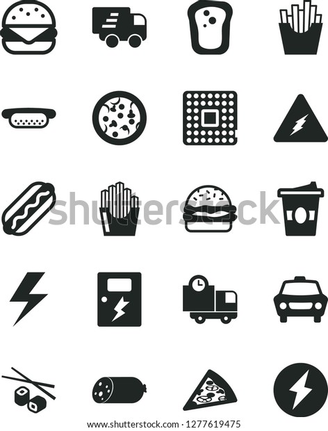 Solid Black Vector Icon Set - lightning vector,\
dangers, car, delivery, sausage, pizza, piece of, Hot Dog, mini,\
big burger, French fries, fried potato slices, Chinese chopsticks,\
coffe to go