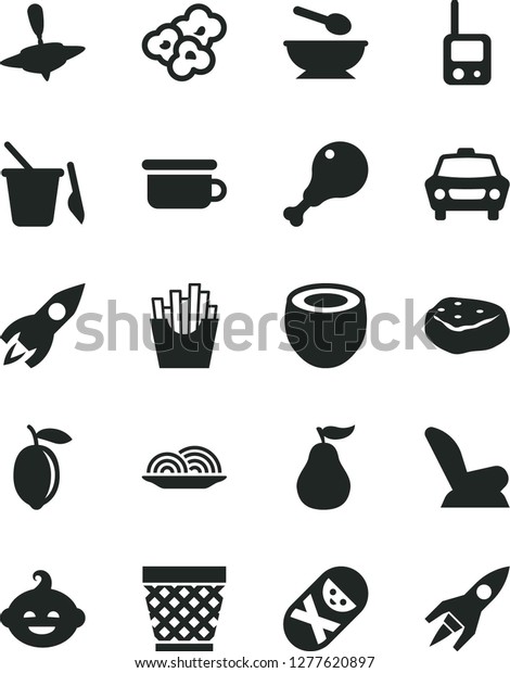 Solid Black Vector Icon Set - wicker pot vector, car\
child seat, tumbler, toy phone, children\'s sand set, deep plate\
with a spoon, potty, funny hairdo, small yule, onion, chicken leg,\
piece of meat