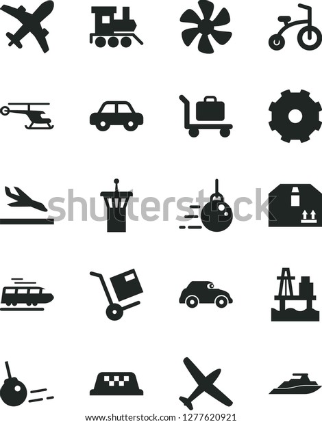 Solid Black Vector Icon Set - truck lorry vector,\
motor vehicle, baby toy train, child bicycle, big core, cardboard\
box, shipment, sea port, marine propeller, retro car, helicopter,\
plane, taxi
