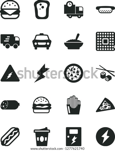 Solid Black Vector Icon Set - lightning\
vector, dangers, car, delivery, sausage, pizza, piece of, Hot Dog,\
mini, big burger, a bowl buckwheat porridge, fried potato slices,\
Chinese chopsticks