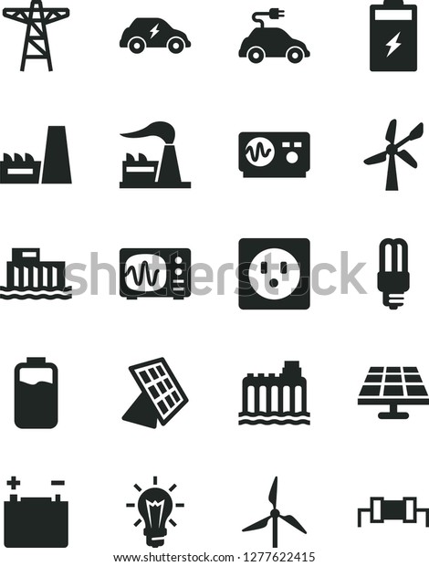 Solid Black Vector Icon Set - charge level\
vector, charging battery, solar panel, windmill, wind energy,\
factory, accumulator, hydroelectric station, hydroelectricity,\
power pole, socket,\
transport
