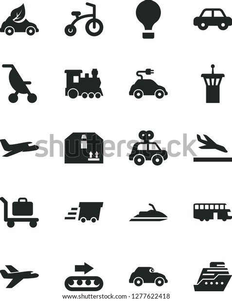 Solid Black Vector Icon Set - summer stroller vector,\
motor vehicle, present, child bicycle, cardboard box, production\
conveyor, eco car, electric, retro, urgent cargo, private plane,\
train, bus