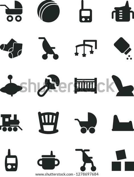Solid Black Vector Icon Set - cradle vector, baby\
cot, toys over the, mug for feeding, measuring cup, powder,\
beanbag, car child seat, stroller, carriage, summer, sitting, bath\
ball, Knitted Socks