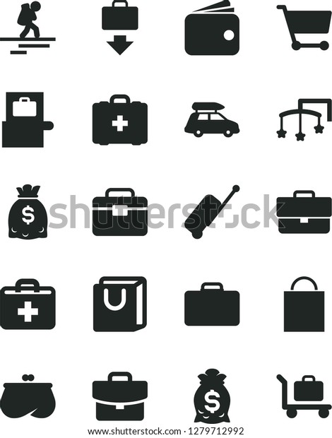 Solid Black Vector Icon Set - briefcase\
vector, paper bag, first aid kit, toys over the cot, medical,\
portfolio, suitcase, with handles, cart, wallet, purse, dollars,\
money, car baggage,\
backpacker
