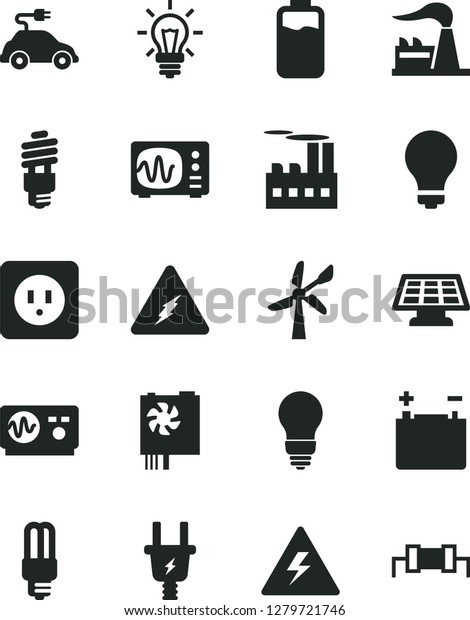 Solid Black Vector Icon Set - danger of electricity\
vector, matte light bulb, power socket type b, charge level, wind\
energy, factory, accumulator, electric plug, industrial building,\
saving, car