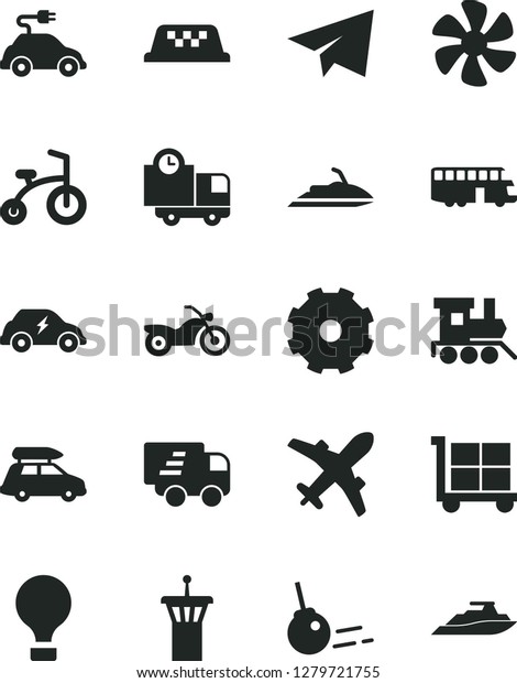 Solid Black Vector Icon Set - truck lorry vector,\
cargo trolley, paper airplane, baby toy train, child bicycle, core,\
delivery, marine propeller, electric car, transport, Express,\
baggage, bus, taxi