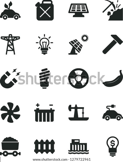 Solid Black Vector Icon Set - saving light bulb\
vector, new radiator, hammer, banana, marine propeller, big solar\
panel, oil derrick, coal mining, battery, hydroelectric station,\
power pole, magnet