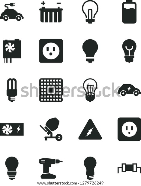 Solid Black Vector Icon Set - matte light bulb\
vector, incandescent lamp, concrete mixer, drill, power socket type\
b, charge level, battery, mercury, electric car, transport,\
processor, pc supply