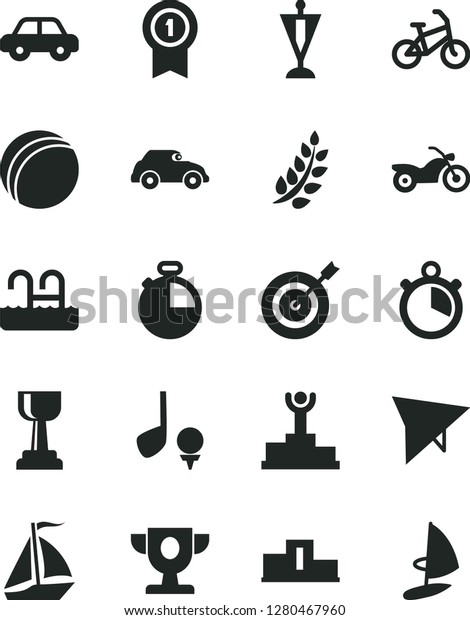 Solid Black Vector Icon Set - bath ball vector,
motor vehicle, timer, retro car, stopwatch, laurel branch,
pedestal, winner podium, prize, gold cup, pennant, target, medal
with, sail boat, bike