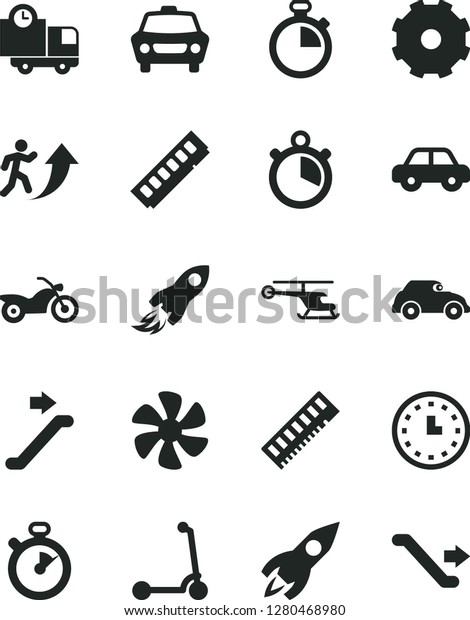 Solid Black Vector Icon Set - truck lorry\
vector, stopwatch, motor vehicle, child Kick scooter, car,\
delivery, marine propeller, retro, rocket, space, wall watch,\
memory, man arrow up,\
helicopter