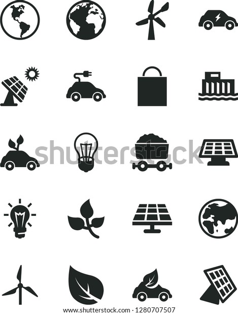 Solid Black Vector Icon Set - sign of the planet\
vector, paper bag, solar panel, big, leaves, leaf, windmill, wind\
energy, Earth, bulb, hydroelectric station, eco car, electric,\
trolley with coal