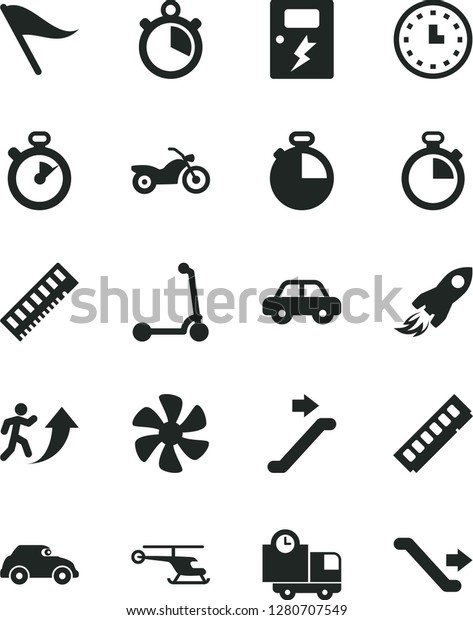 Solid Black Vector Icon Set - stopwatch vector,\
wind direction indicator, motor vehicle, child Kick scooter,\
dangers, timer, delivery, marine propeller, retro car, space\
rocket, wall watch,\
memory