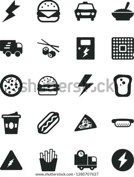 Solid Black Vector Icon Set - lightning vector,\
dangers, car, delivery, pizza, piece of, Hot Dog, mini, big burger,\
a bowl buckwheat porridge, French fries, Chinese chopsticks, coffe\
to go, sandwich