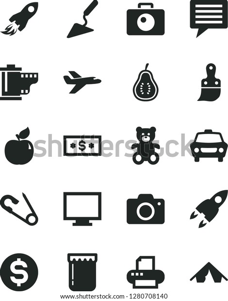 Solid Black Vector Icon Set - image of thought\
vector, monitor, camera, roll, open pin, teddy bear, building\
trowel, plastic brush, car, jam, apricot, part guava, space rocket,\
dollar, printer, tent